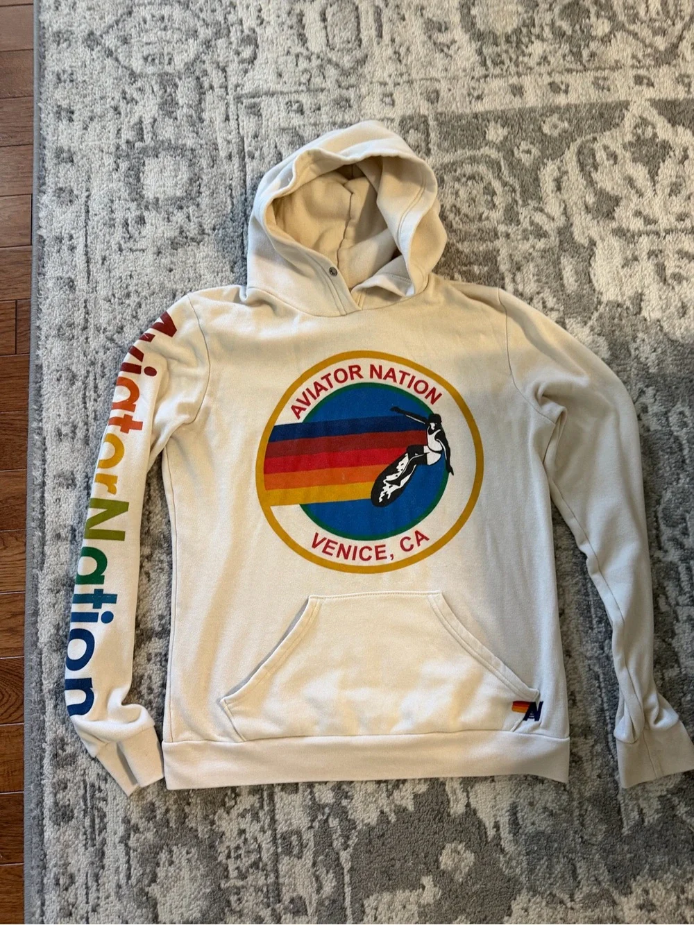 Aviator Nation Cream Hoodie with Rainbow Surf Circle Logo